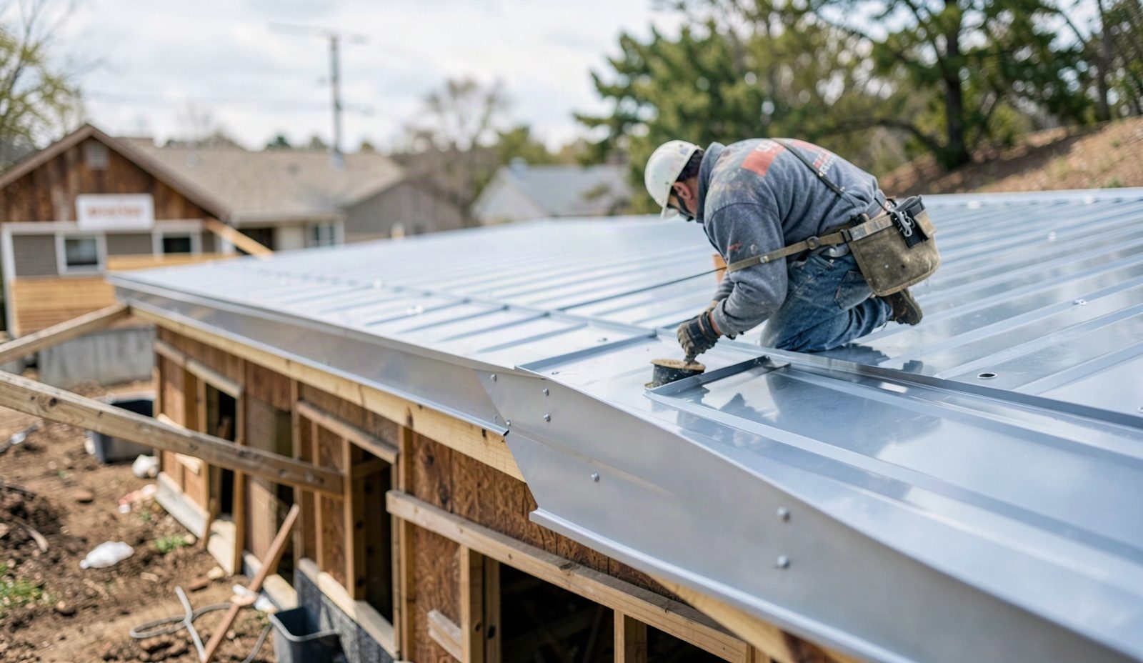 Commercial Metal Roofing Technician Diagnosing The Problem