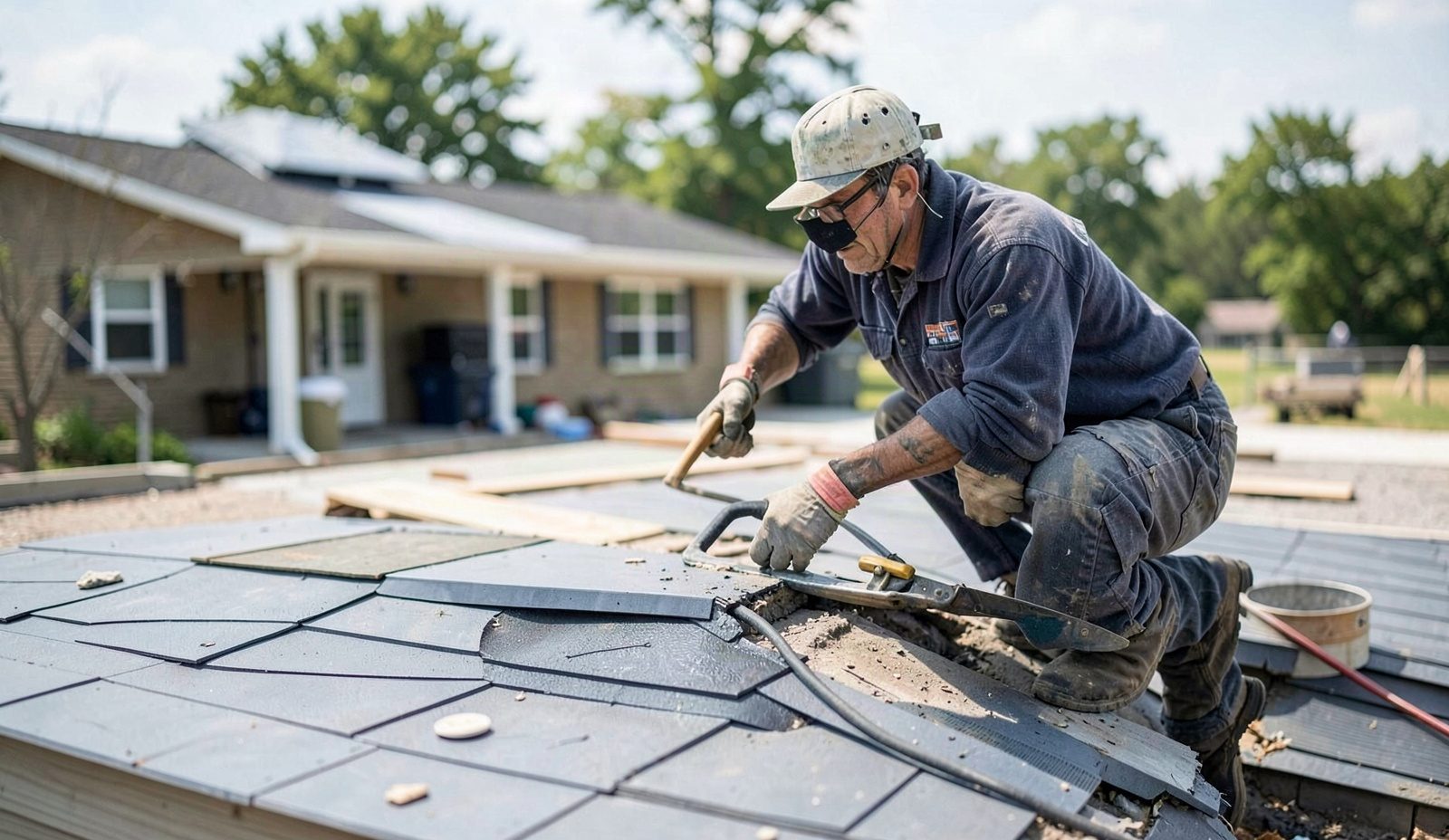 Commercial Roof Repair Crew Unloading Equipment