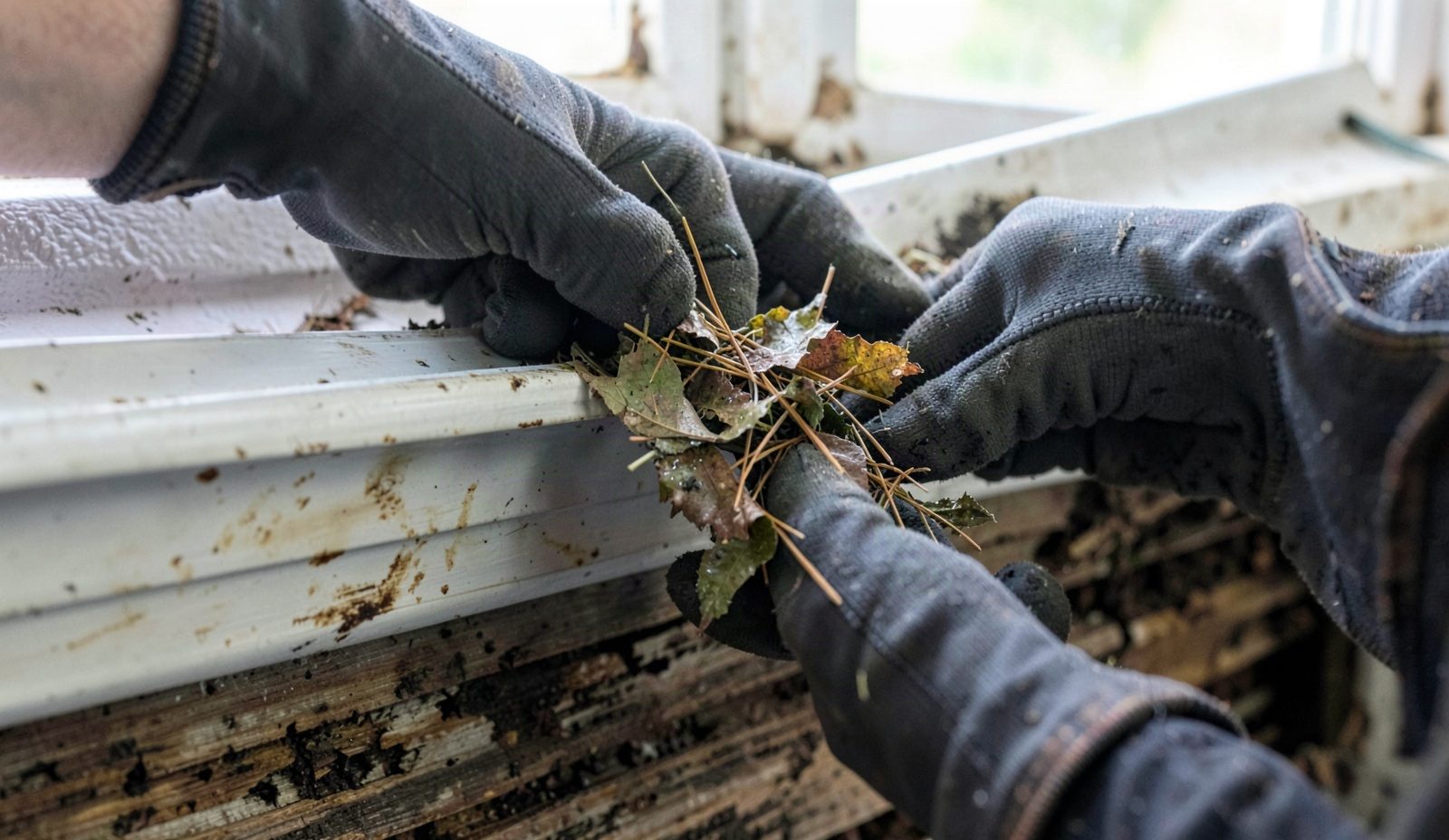 Damaged Or Clogged Gutters Technician Diagnosing The Problem