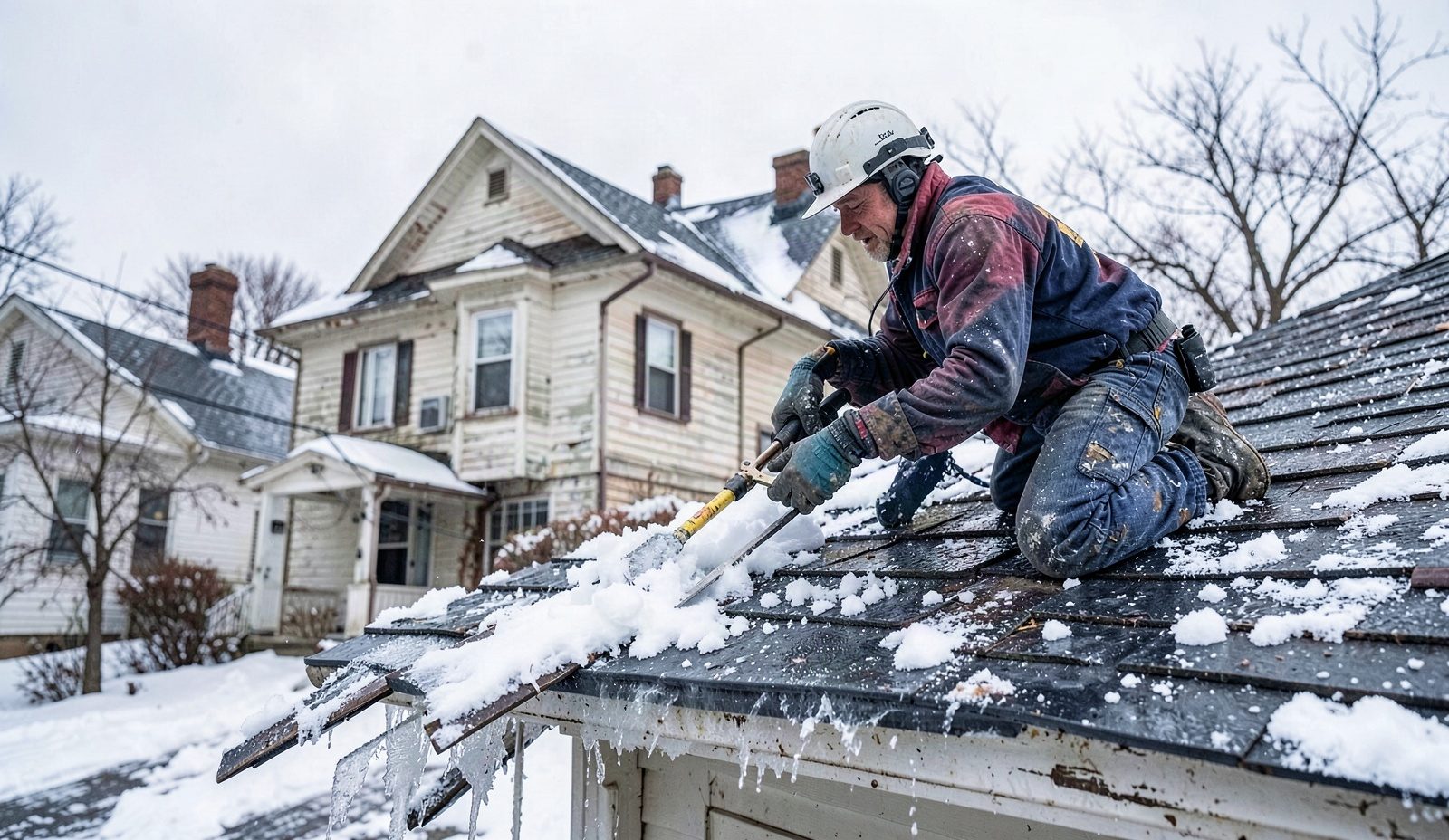 Emergency Ice Dam Removal Technician At The Front Door