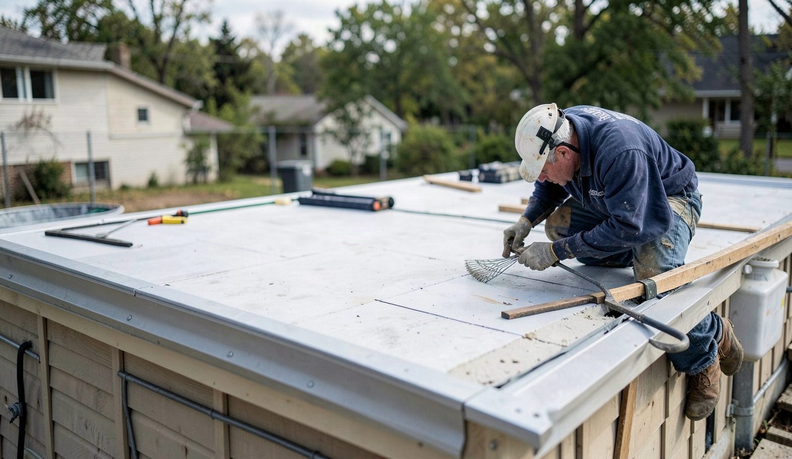 Flat Roof Repair Precision Work Close Up