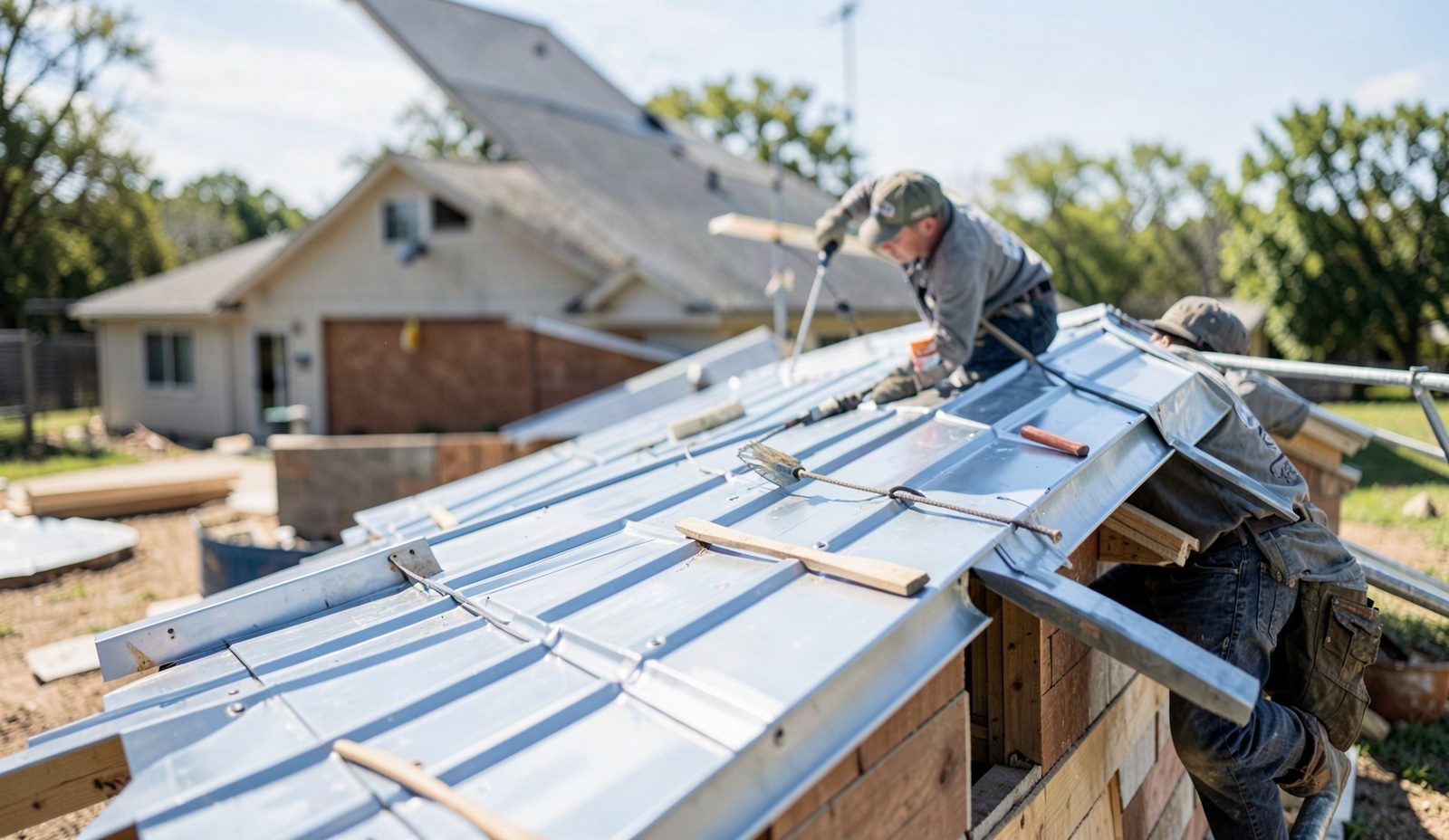 Metal Roof Installation Crew Unloading Equipment