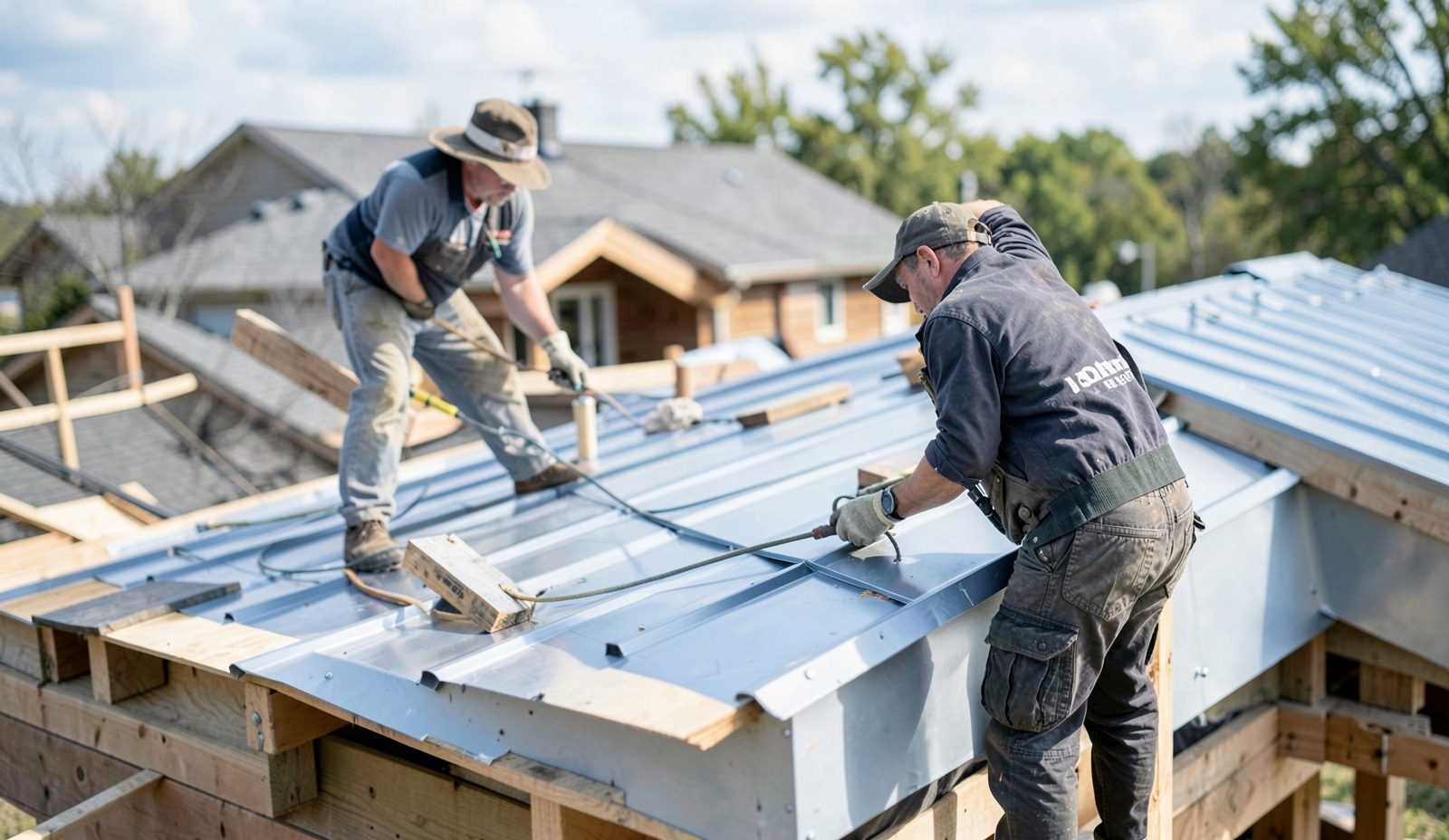 Metal Roof Installation Precision Work Close Up