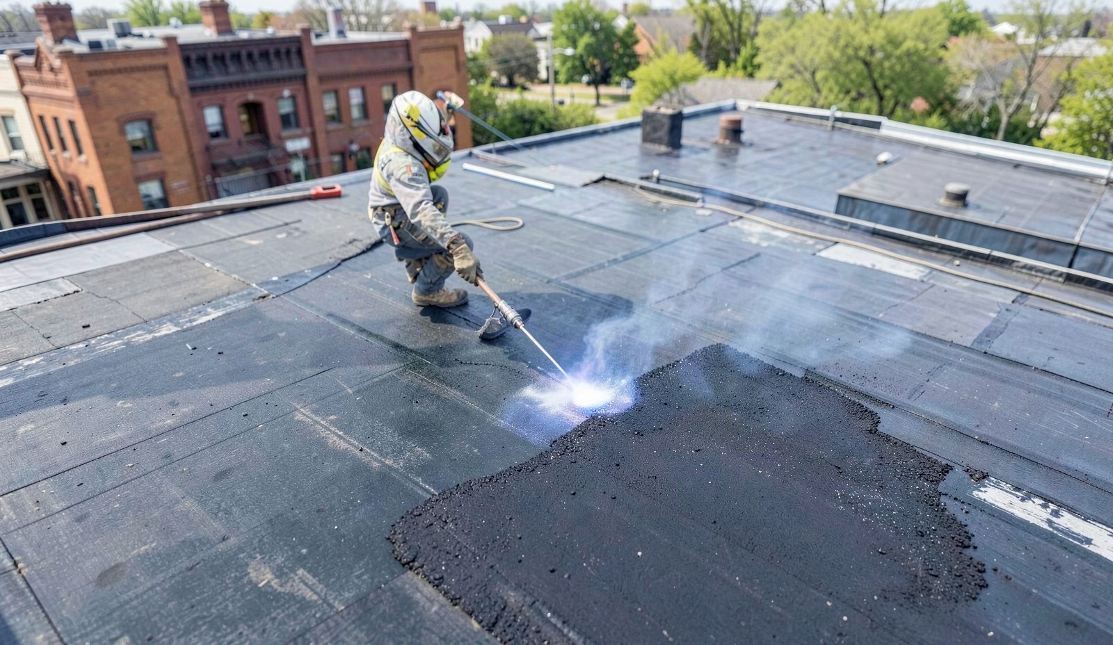 Modified Bitumen Roofing Crew Arriving On Site