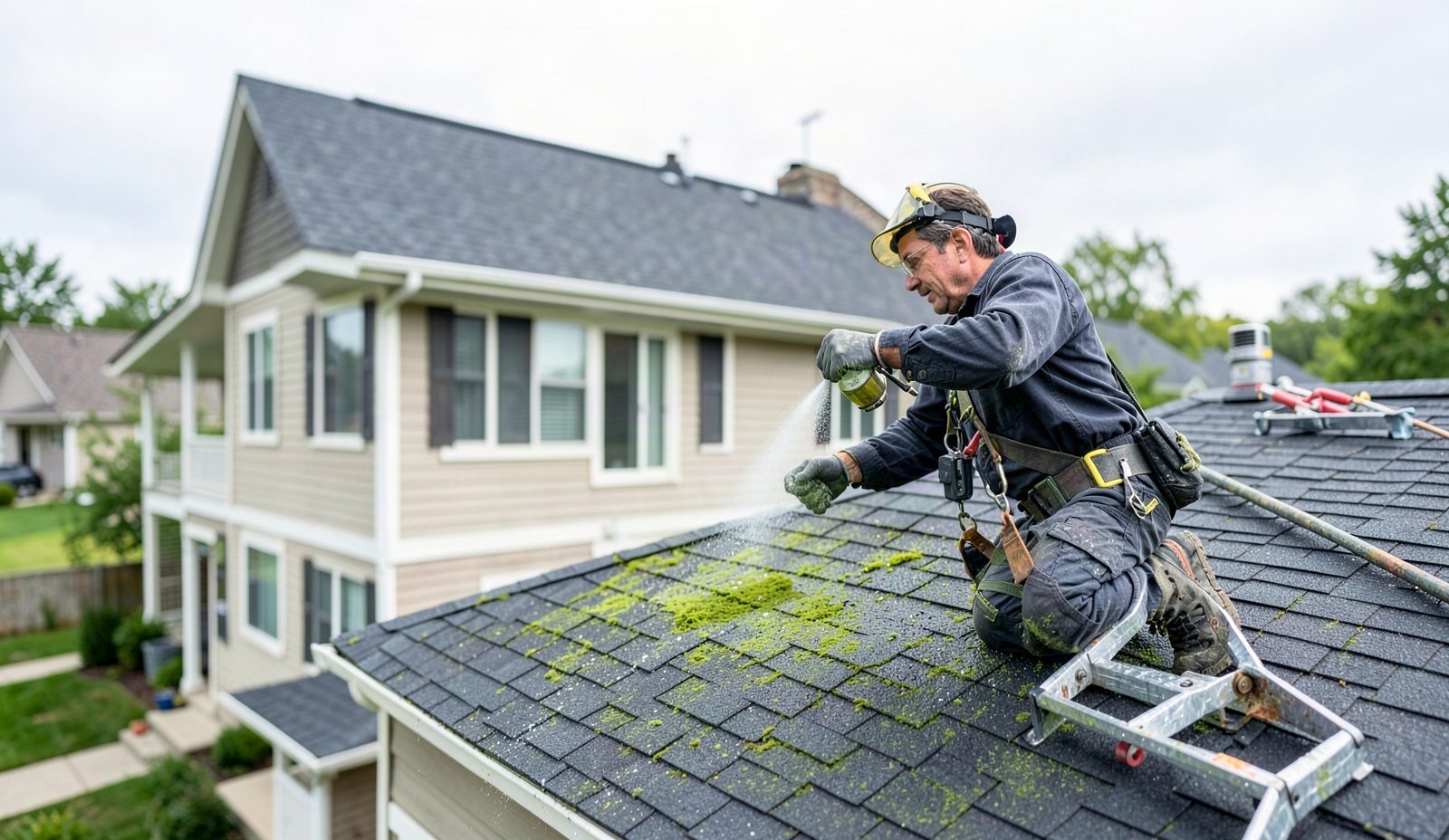 Moss And Algae Growth On Roof Technician At The Front Door